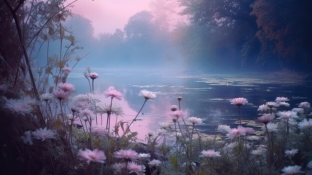 Photo a photo of a tranquil meadow with a hidden pond soft moonlight