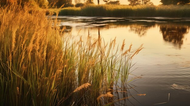 A photo of a tranquil pond surrounded by tall grass golden hour lighting