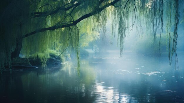 Photo a photo of a tranquil pond with a weeping willow soft twilight glow