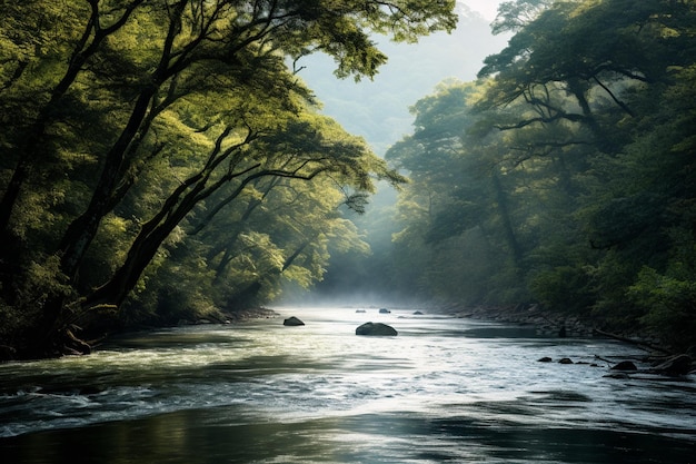 Photo photo of tranquil river flowing through dense forest with mist in the early morning light