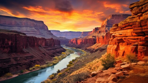 A photo of a tranquil river winding through a colorful canyon towering cliffs backdrop