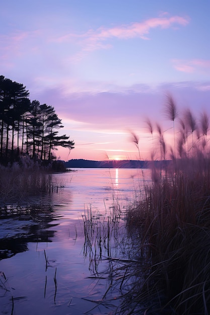 Photo of tranquil riverbank scene at twilight with reeds and a reflec peaceful landscapes calm