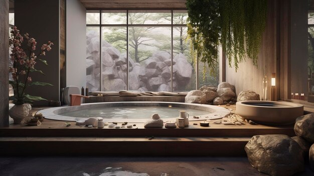 A photo of a tranquil spa interior with natural element