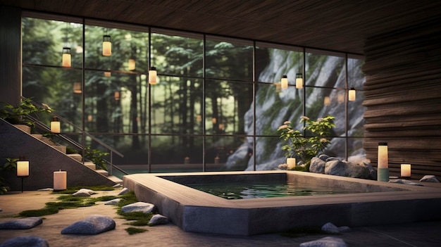 A photo of a tranquil spa interior with natural element