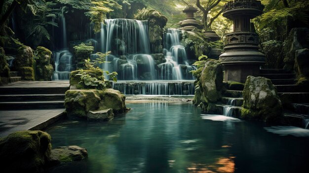 Фотография спокойного водопада, спадающего в бассейн