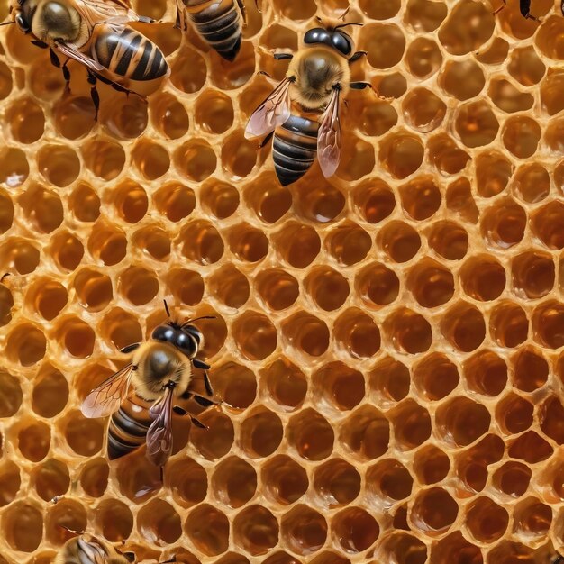 Photo of translucent glistening honeycomb with honeybee