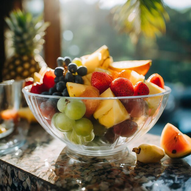 photo of transparent bowl of tropical fruits with natural light