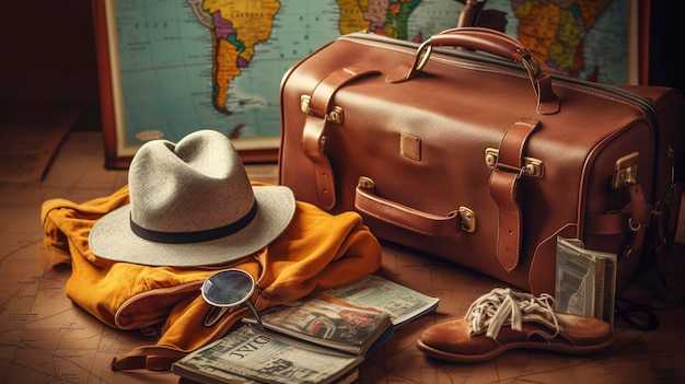 A Photo of a Travel Bag with Passport Map and Travel Essentials