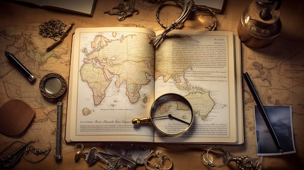 A photo of a travel journal with a magnifying glass