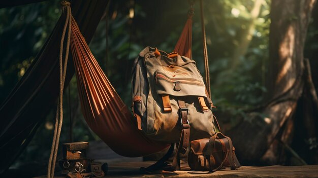 A photo of a travelers backpack with a hammock