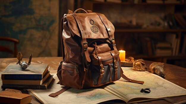 A photo of a travelers backpack with a passport and map