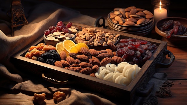 A photo of a tray of assorted nuts and dried fruits