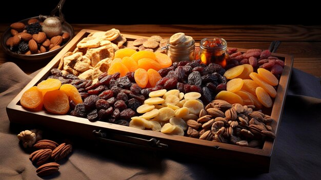 A photo of a tray of dried fruits