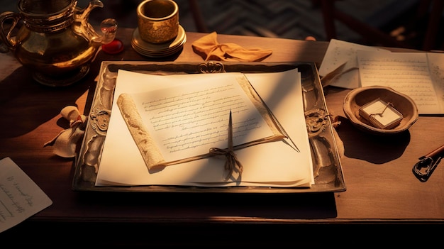 A photo of a tray of paper and writing tools