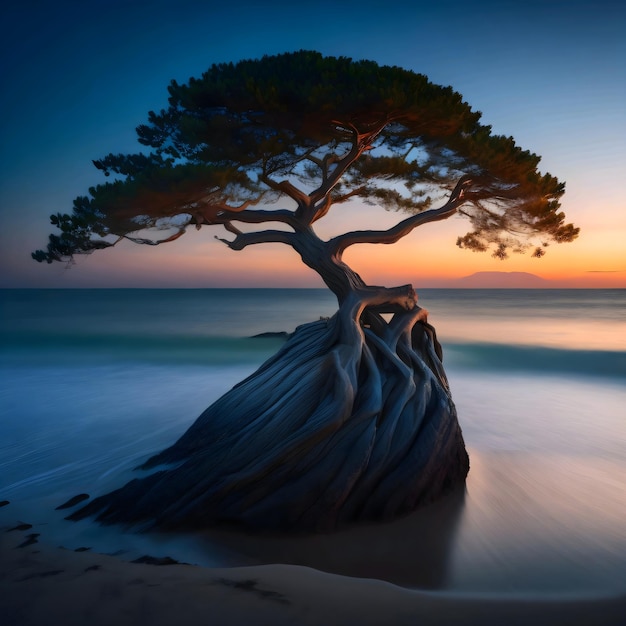 Photo A tree is in the water with the sun setting behind it