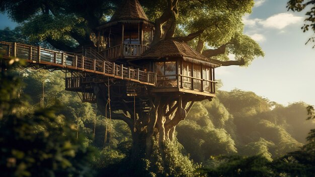 A photo of a treehouse lodging high in the treetops