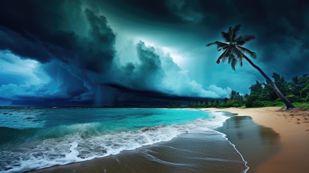 A photo of a tropical beach during a monsoon storm dark and stormy sky