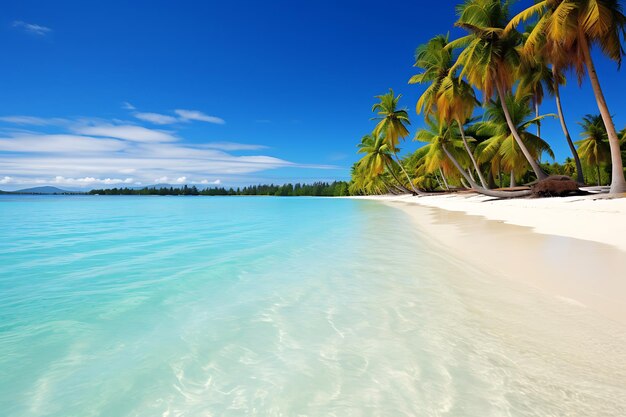 Photo of tropical beach with palm trees and white sand