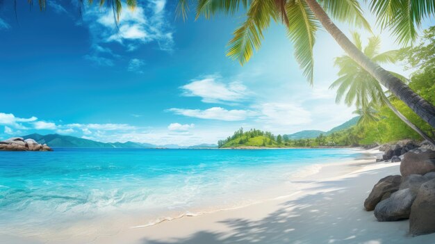 A photo of a tropical beach with turquoise water white sand