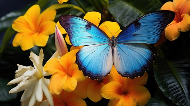 A photo of a tropical butterfly garden colorful flowers