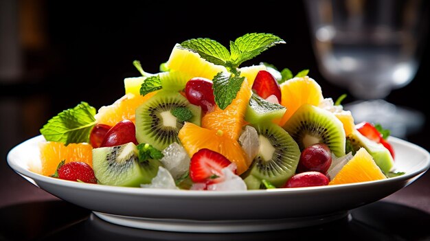Foto foto di insalata di frutta tropicale con menta di lime come piatto in un ristorante di fascia alta