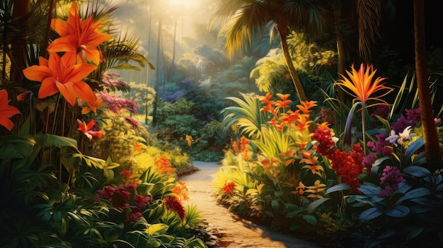 A photo of a tropical garden with colorful blooms dappled sunlight