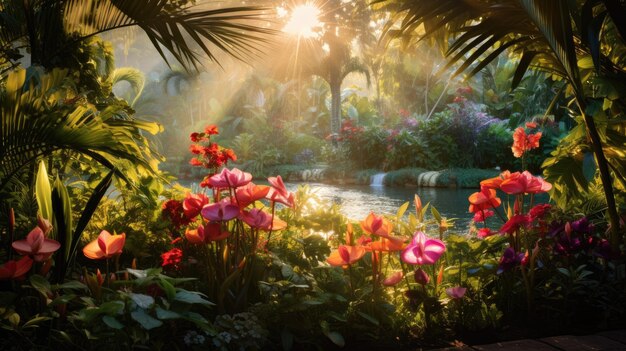 Photo a photo of a tropical garden with colorful blooms golden hour light