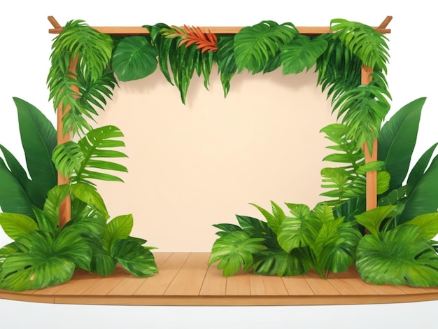 Foto foto sfondo floreale verde tropicale per l'esposizione del prodotto e presentazione tavolo in legno