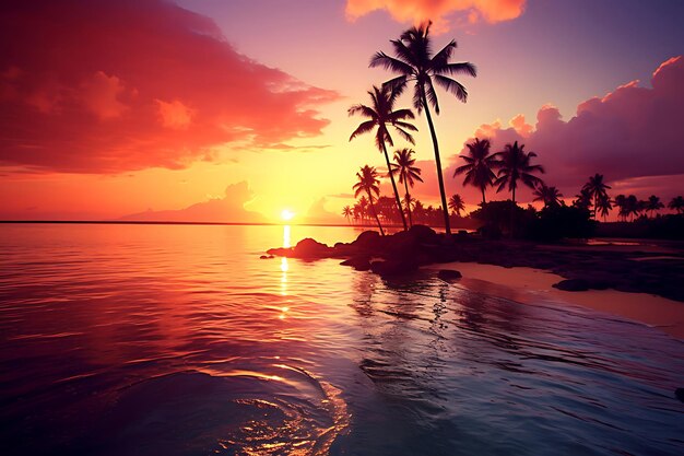 Foto foto di un'isola tropicale con una serena vista sul mare al tramonto