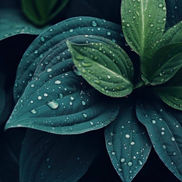 Photo tropical leaves in dark green with rain water drop on texture abstract pattern nature