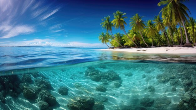 A photo of a tropical paradise with clear blue skies turquoise waters