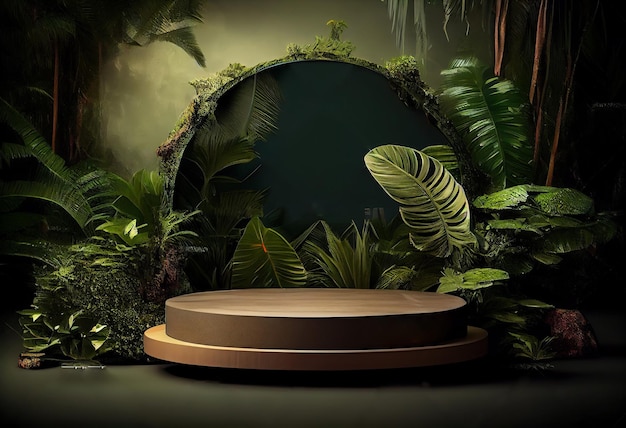 Photo tropical podium or platform for product presentation display in jungle landscape Generate Ai