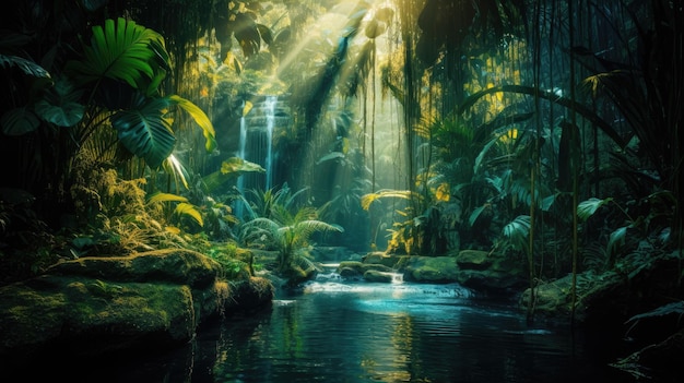 Photo a photo of a tropical rainforest filtered sunlight