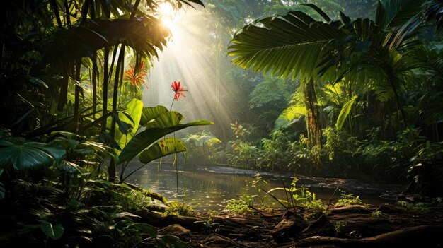 A photo of a tropical rainforest terrain exotic plants