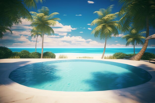 Photo tropical swimming pool in hot summer with ocean background ai generative