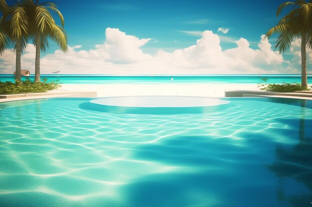 Foto foto piscina tropicale con sfondo oceanico ai generativo
