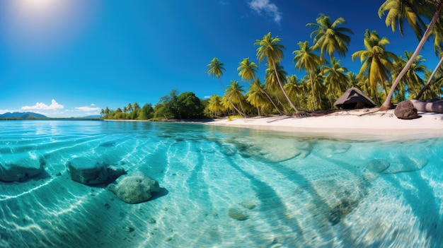 A photo of a tropical utopia with crystal clear water bright sunshine