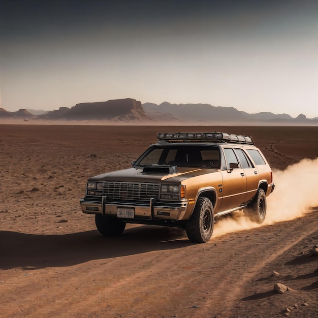 Фотография грузовика в пустыне с горячим песком, генеративный AI