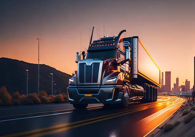 Photo of Truck on a road with beautiful landscape