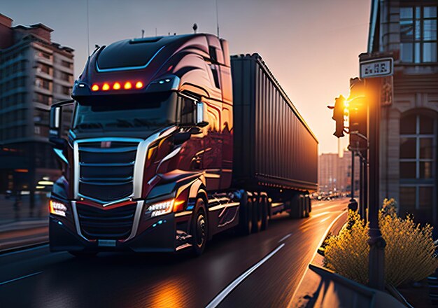 Photo of truck on a road with beautiful landscape