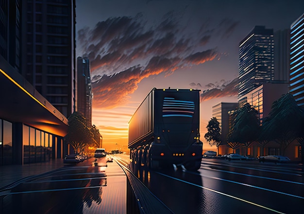 Photo of Truck on a road with beautiful landscape