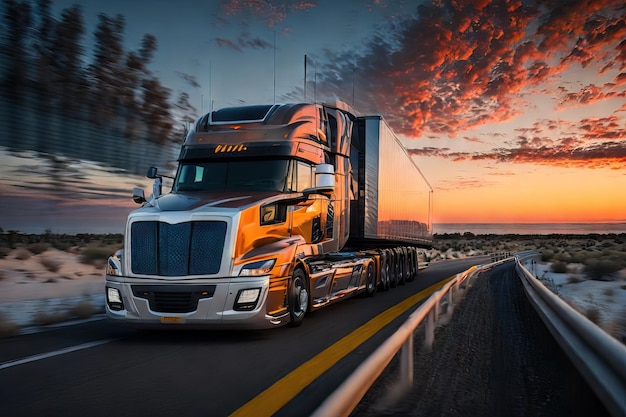 Photo of Truck on a road with beautiful landscape