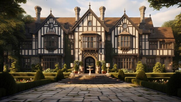 Photo a photo of a tudor residence in harmony with natural surrounding