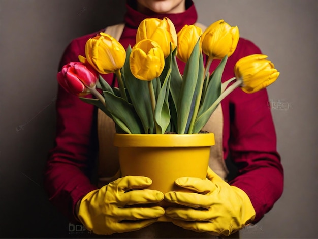 Photo tulips and flower pot in gloved hands on yellow background