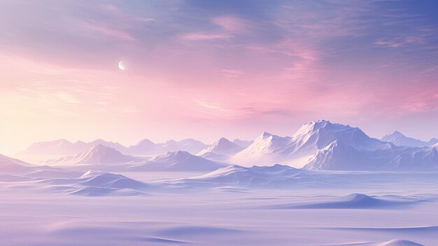 Foto una foto di un ambiente di tundra con montagne innevate rosa e tramonto viola