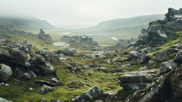 A photo of a tundra landscape with a cluster of lichencovered rocks misty atmosphere
