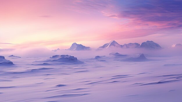 A photo of a tundra landscape with a vast expanse of snow distant mountains