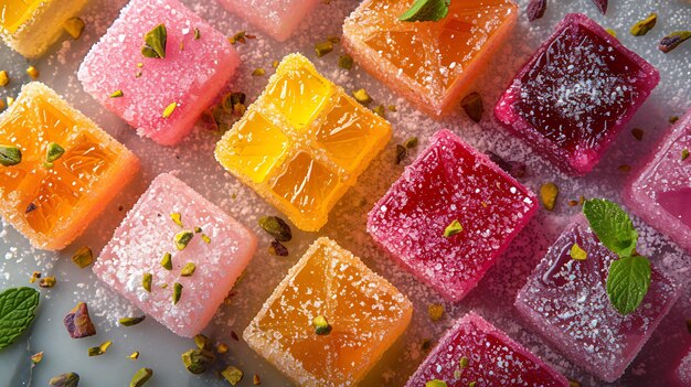 Photo of turkish delight with powdered sugar and pistachio toppings d banner ads design layout art