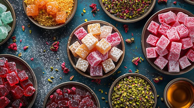 Photo of turkish delight with powdered sugar and pistachio toppings d banner ads design layout art