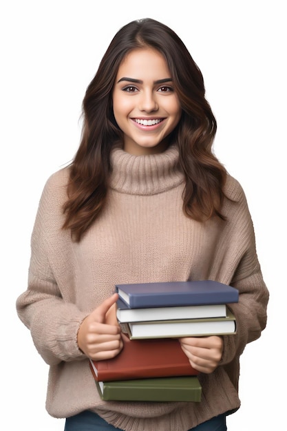 책을 들고 갈색 머리에 웃고 서 있는 터키 여학생 사진